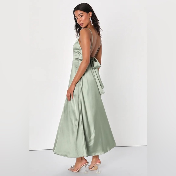 Always Audacious Sage Green Satin Tie-Back Midi Dress - Picture 3 of 4